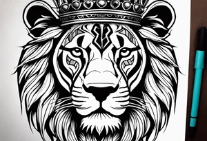 lion's face with a crown, two horizontal black stripes flanking the lion on either side, The overall style is bold and tribal-inspired, with clear, defined lines. tattoo idea