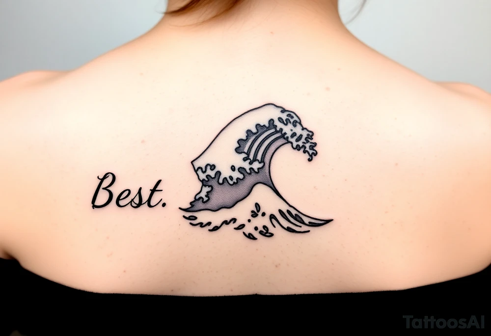 Best friend matching fine line black and white tattoo with a wave. Feminine. Symbolizing long term friendship withholding many triumphs and tribulations, resilience, strength, and loyalty. Maybe words or quotes tattoo idea