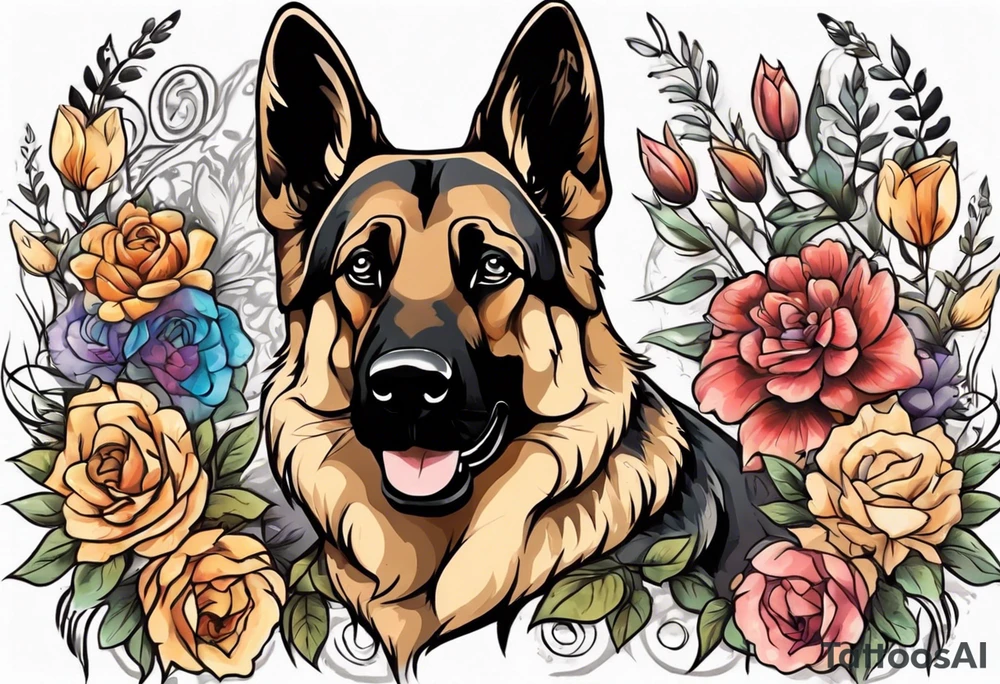 German shepherd with black face and brown around eyes portrait brightly colored with flowers tattoo idea