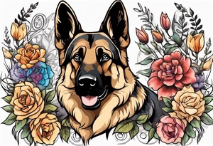 German shepherd with black face and brown around eyes portrait brightly colored with flowers tattoo idea