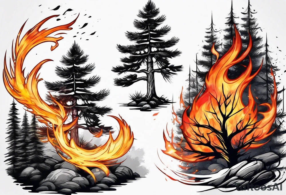 Pine tree turning into flame tattoo idea