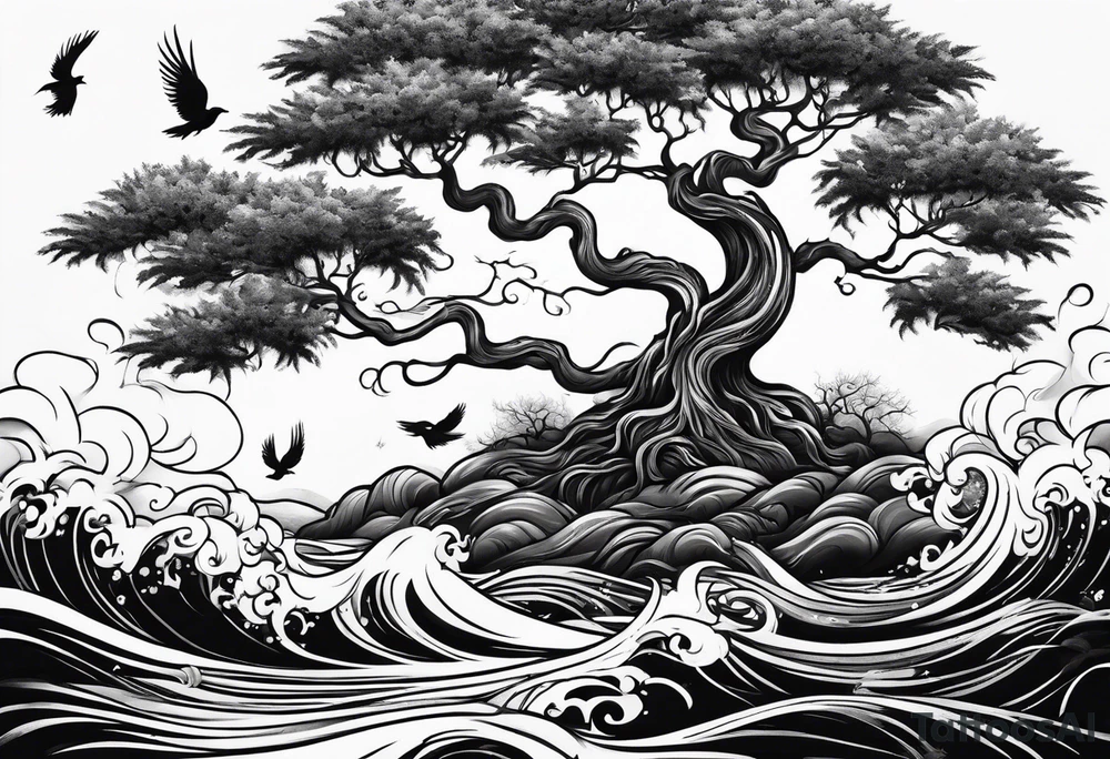 tree with water flowing and phoenix and roots and waves and three birds tattoo idea