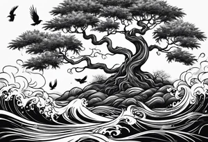 tree with water flowing and phoenix and roots and waves and three birds tattoo idea