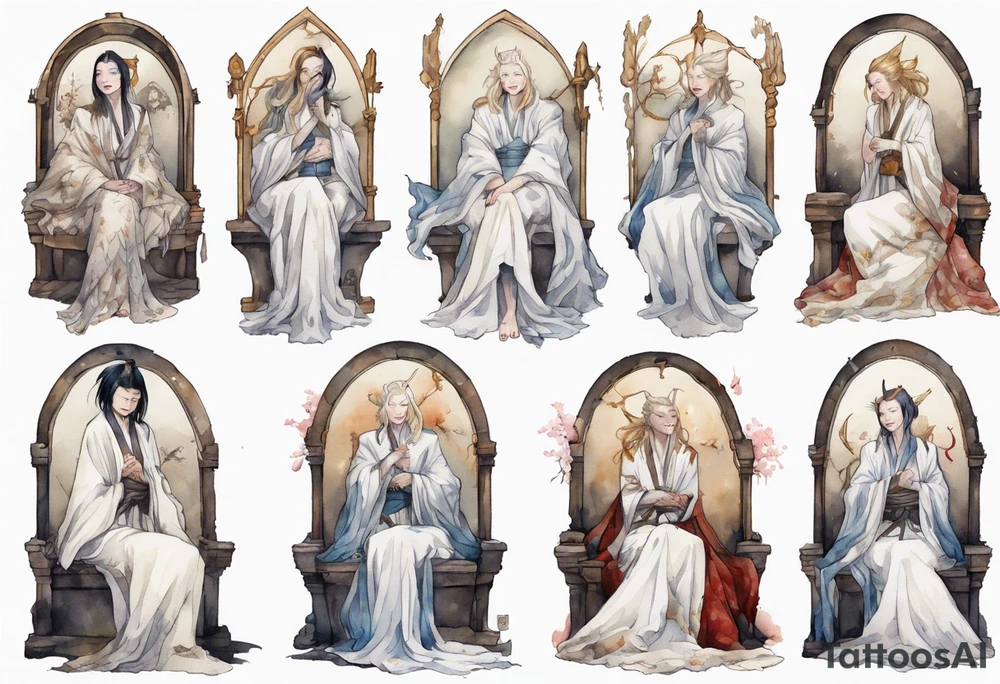 medieval Cate Blanchett dressed in white robes, weeping on throne tattoo idea