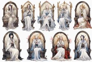 medieval Cate Blanchett dressed in white robes, weeping on throne tattoo idea