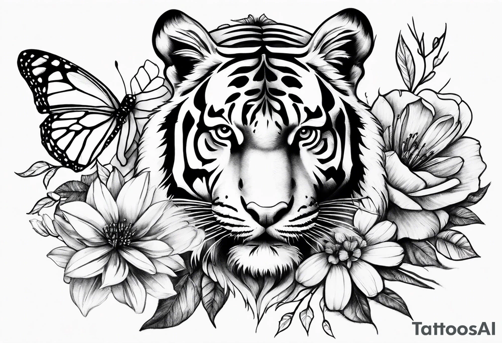 tiger, 3 buterflies, flowers for ladies thigh / hip tattoo idea