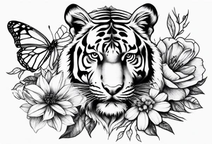 tiger, 3 buterflies, flowers for ladies thigh / hip tattoo idea