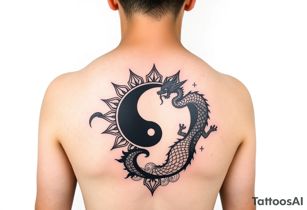 Full-wrap forearm tattoo design, intricate black and red ink. Fusion of Greek meander, neo-tribal and ancient Chinese motifs. Top half (day): Greek sun (red) with neo-tribal spikes + Chinese fenghuang bird silhouette. Bottom half (night): Greek moon (black) with yin-yang ouroboros snake + Chinese dragon scales. Hidden details: small Bagua trigrams in meander corners, Tree of Life as bamboo stalks. Seamless geometric pattern, sharp line art, no background. Cultural tattoo sleeve, balanced symmetry tattoo idea