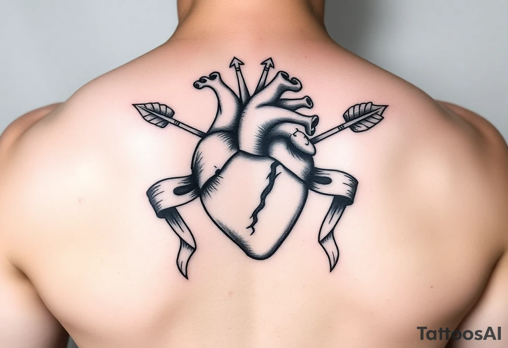 anatomical heart pierced by ornate arrow with flowing ribbons tattoo idea