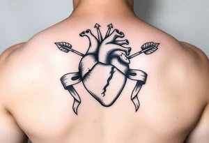 anatomical heart pierced by ornate arrow with flowing ribbons tattoo idea