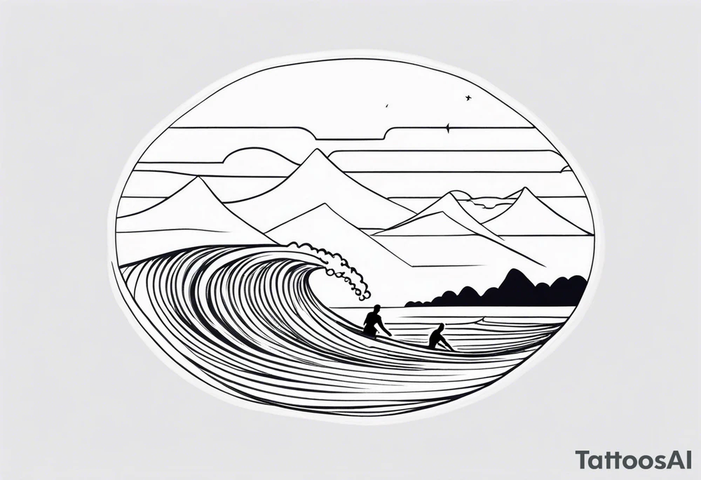Single line wave tattoo with a dad and his two daughters surfing tattoo idea