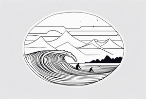 Single line wave tattoo with a dad and his two daughters surfing tattoo idea