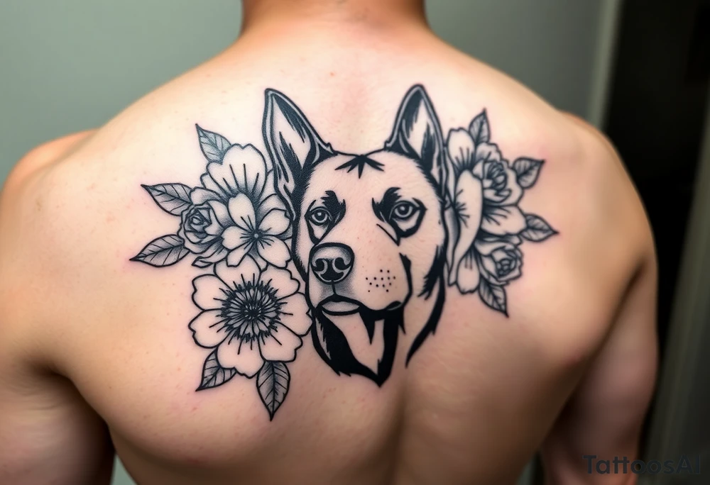Floral design with peonies with an silhouette outline of a dogs face tattoo idea