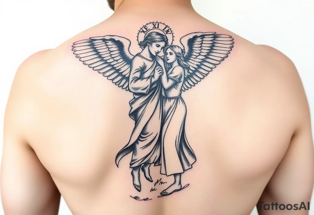 Male guardian angel lifting up female coast guard officer for protection religious statue tattoo idea