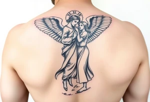 Male guardian angel lifting up female coast guard officer for protection religious statue tattoo idea