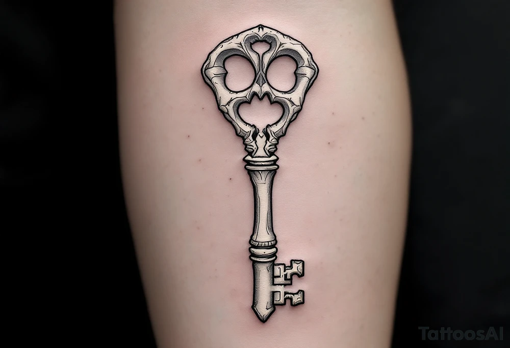 A surreal design where the key is carved from a skeletal finger bone and the lock placed next to it. The style is fine line with soft shading in muted gray and bone white, accented with light shadowing and subtle black ink details to give it a haunting yet elegant vibe. tattoo idea