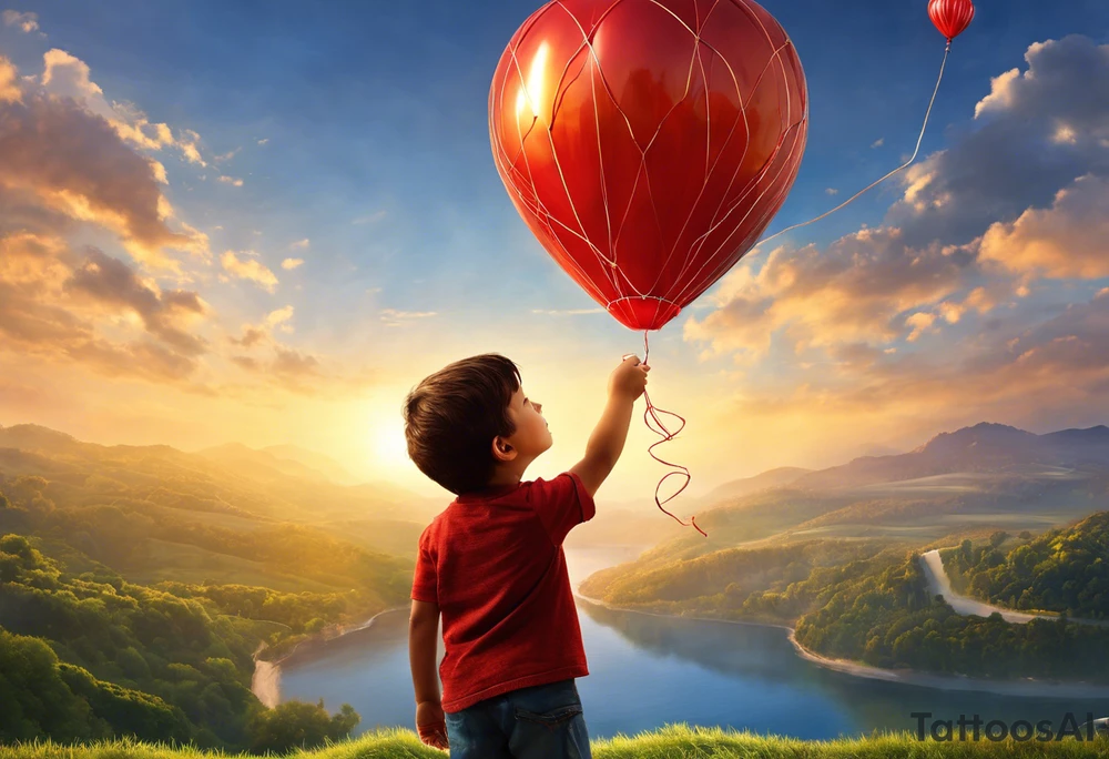 little boy holding a string to the earth shaped baloon.
boy should be drawed from behinfd anhas one hand reaching up in 45 degree angle and holding the baloon string
the string has a big wave in like a hearbeat pulse on it.
baloon is in the shape of the eharth and red toned. tattoo idea
