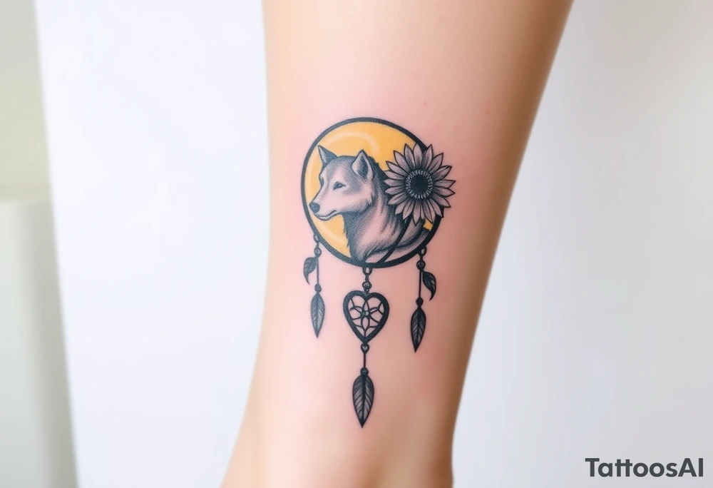 A Cresent moon dream catcher with sunflower, wolf, Harry potter, star wars, unicorn, fire heart all in one tattoo idea