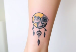 A Cresent moon dream catcher with sunflower, wolf, Harry potter, star wars, unicorn, fire heart all in one tattoo idea