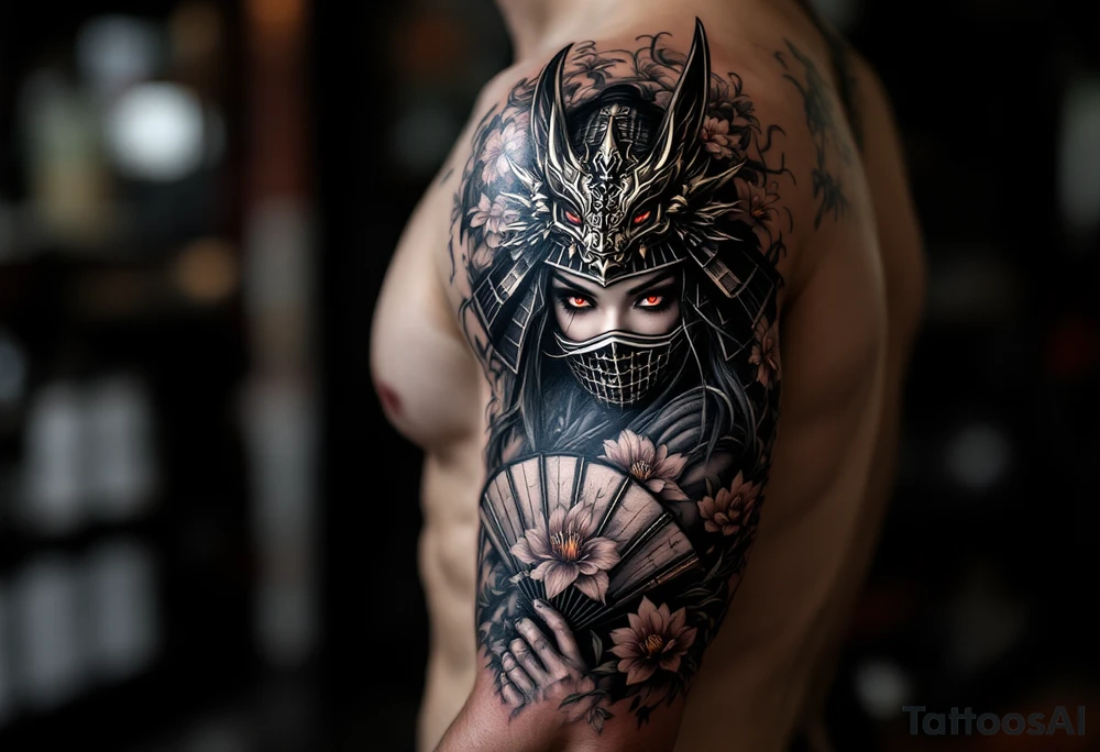 japanese samurai woman with red eyes wearing a kitsune half-mask and holding a fan with irises flowers ornement tattoo idea