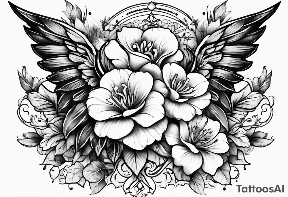 sleeve tattoo full guns and flowers and wings tattoo idea
