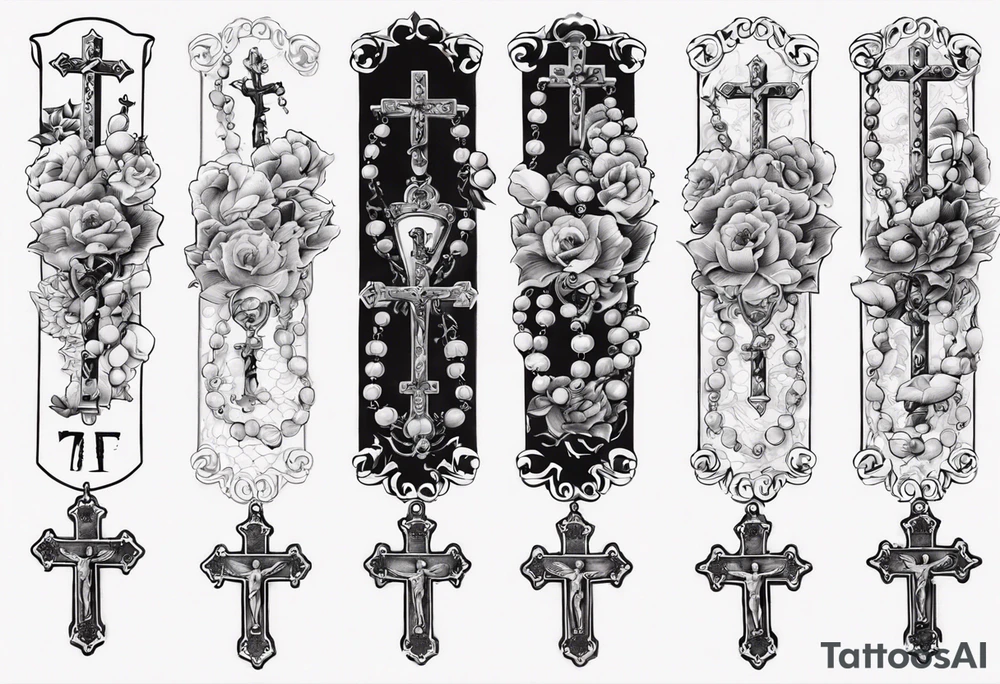 men’s arm sleeve, rosary, the name Peters, 1997, cross tattoo idea