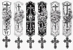 men’s arm sleeve, rosary, the name Peters, 1997, cross tattoo idea