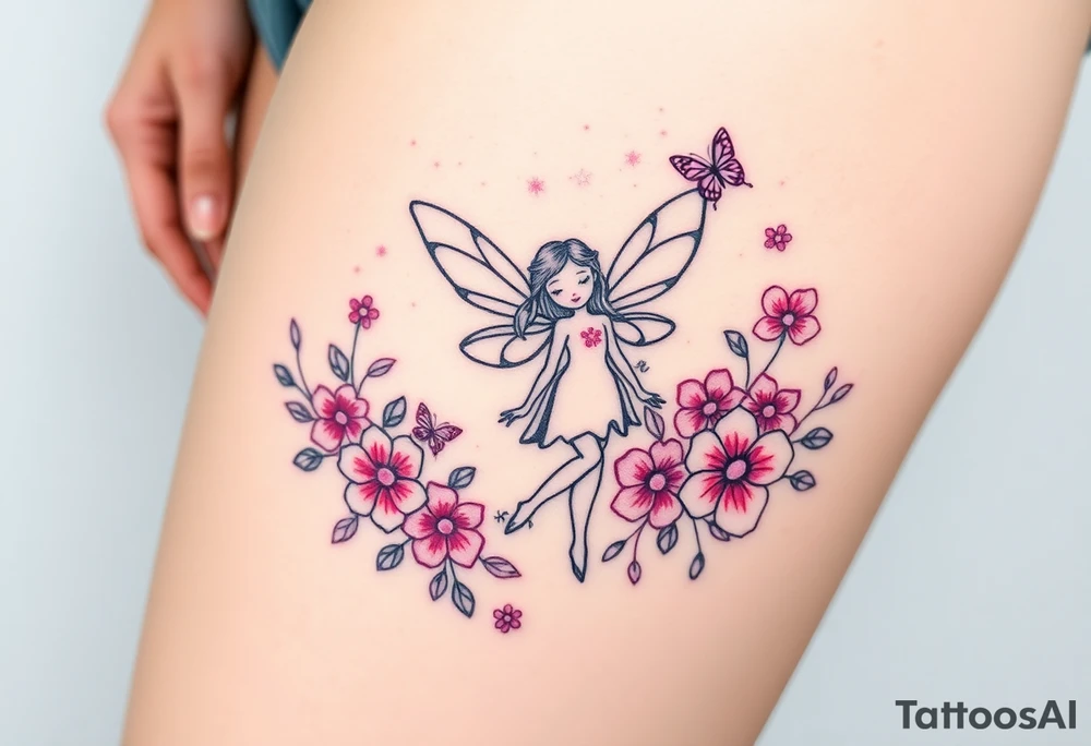 Whimsical fairy surround by pink and purple flowers and butterflies and sparkles tattoo idea