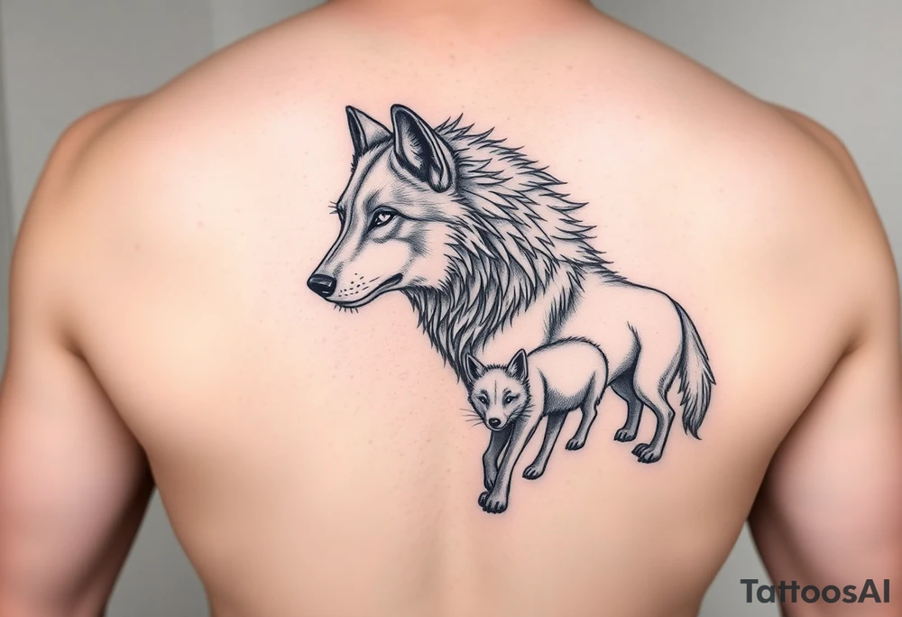 A solitary yet sublime and noble wolf and its progeny. tattoo idea