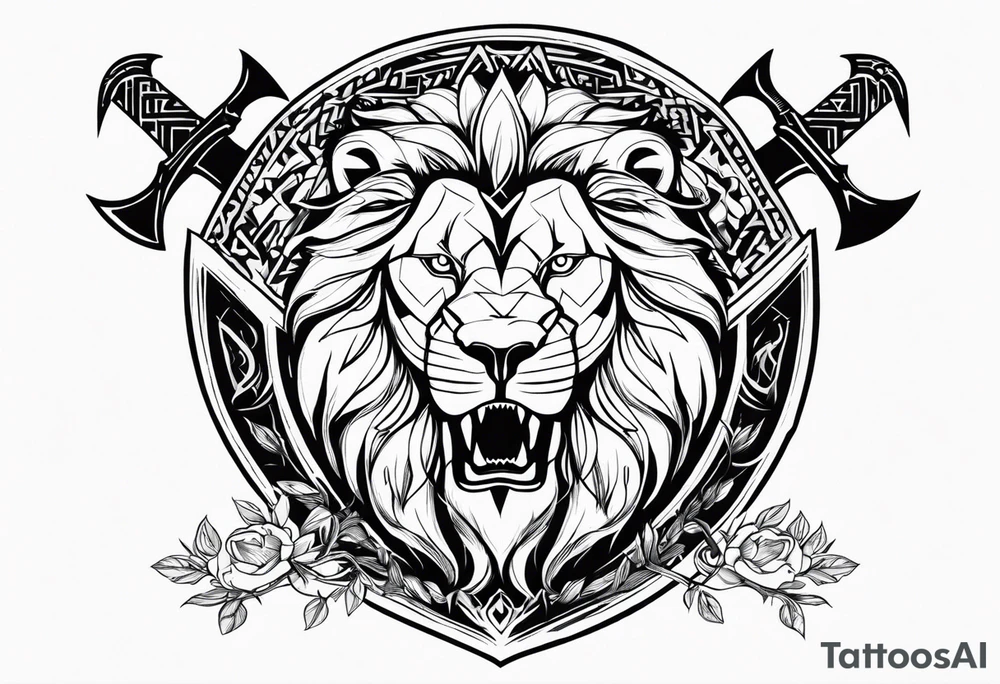 Valhalla sword shield lion 
 axe Valknut tattoo idea