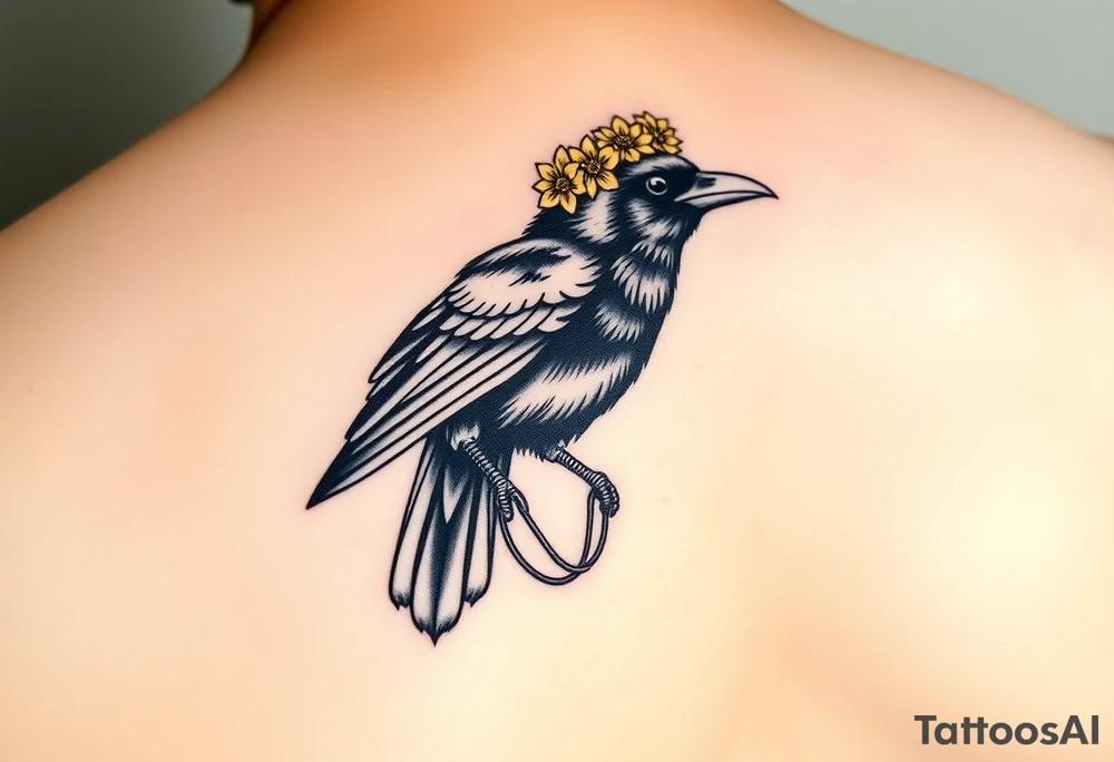 Crow with yellow flower crown, carrying a wand and uterus in its claws tattoo idea