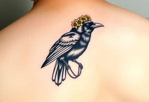 Crow with yellow flower crown, carrying a wand and uterus in its claws tattoo idea