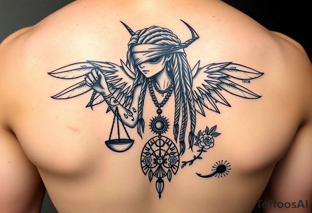 Sylph with dreads wearing blind fold and ankh pendant with tattoos holding weighing scales with the sun and moon rose vines surrounding and Anubis guarding tattoo idea
