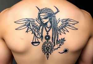 Sylph with dreads wearing blind fold and ankh pendant with tattoos holding weighing scales with the sun and moon rose vines surrounding and Anubis guarding tattoo idea