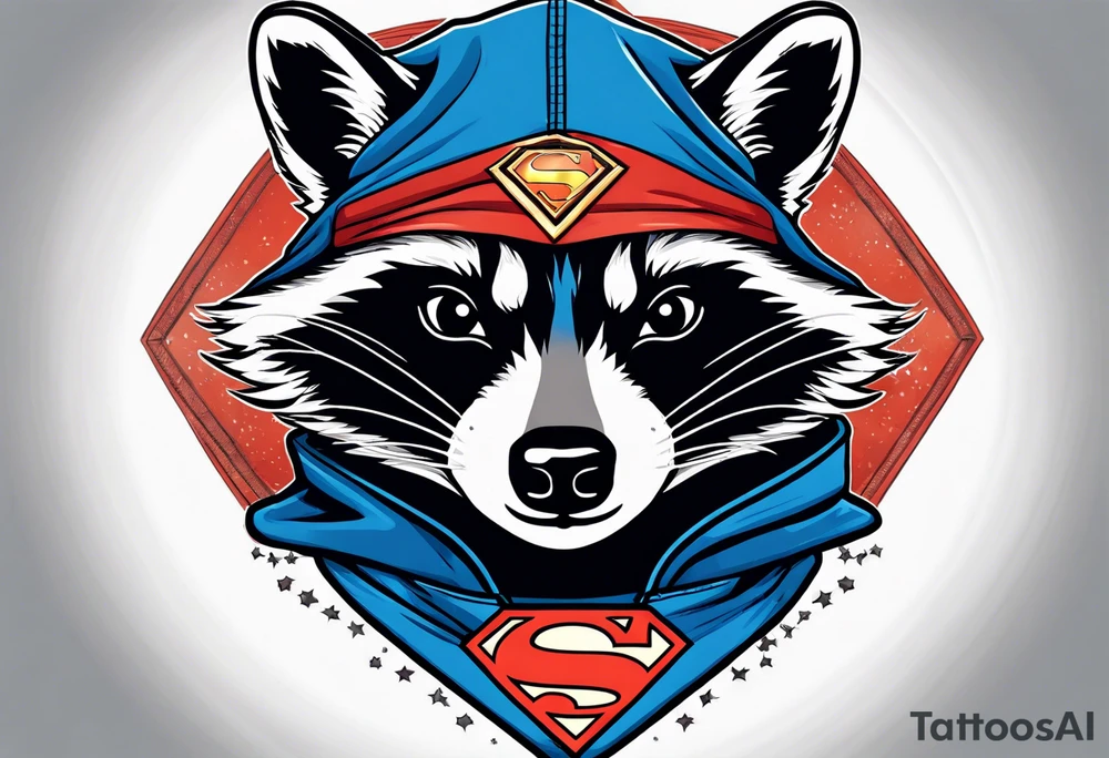 raccoon wearing a Superman hoodie tattoo idea