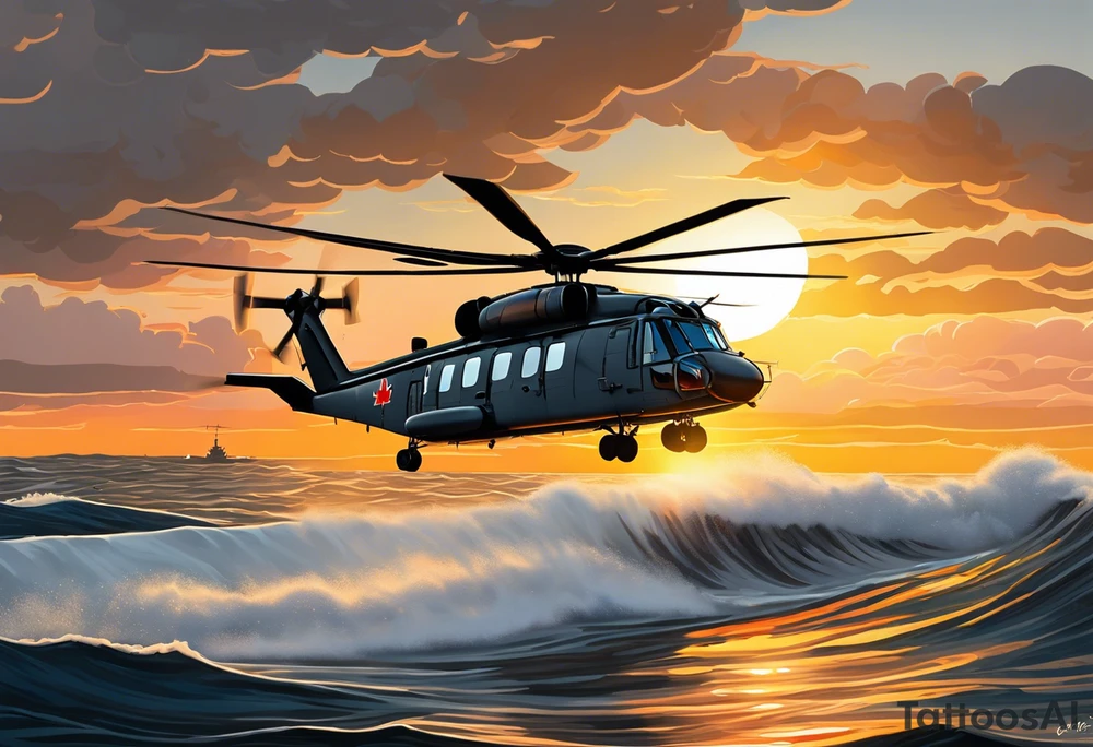 Canadian military grey CH-148 Cyclone helicopter soaring low over rough, ocean waves. The sun is setting, casting a dramatic glow on the scene with realistic clouds and a specular reflection of the helicopter on the water. The helicopter should be the main focus, with intricate details and a sense of motion. In the background, a poppy be prominently displayed tattoo idea