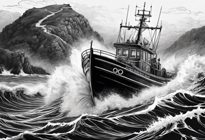 lifeboat on raging sea in cornwall tattoo idea
