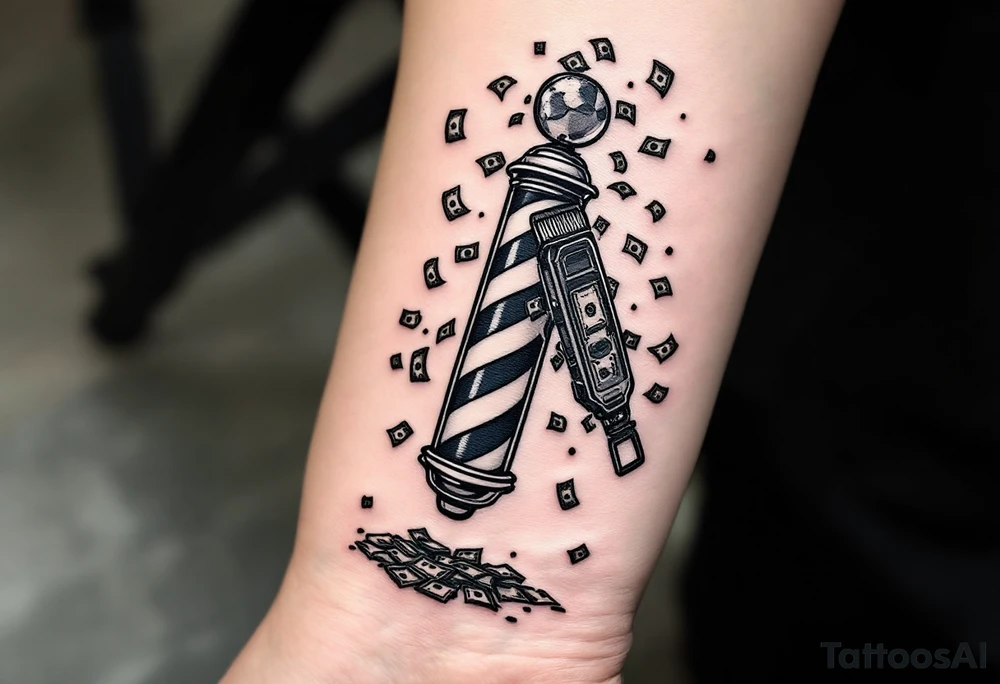 Barber pole and clipper with raining money tattoo idea