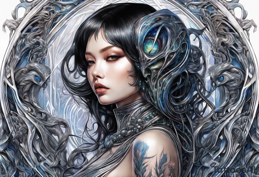 Hajime Sorayama type blended with HR Giger alien creatures with vines tattoo idea