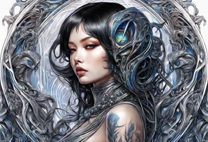 Hajime Sorayama type blended with HR Giger alien creatures with vines tattoo idea