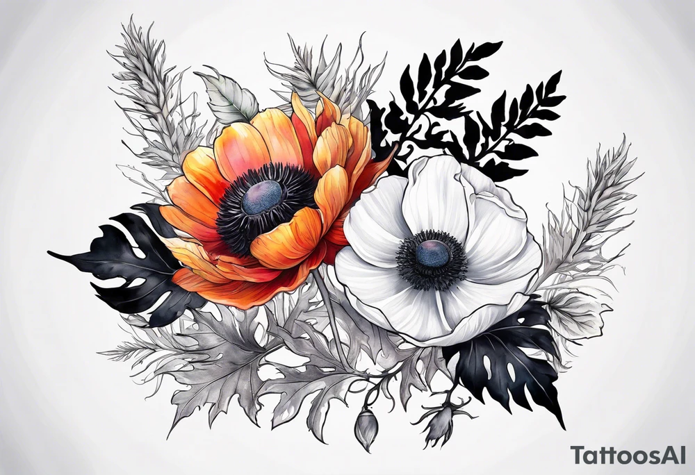 a white anemone with black center with thistles, ferns, sun flowers, red flowers, pink flowers, orange flowers, yellow flowers in watercolor tattoo idea