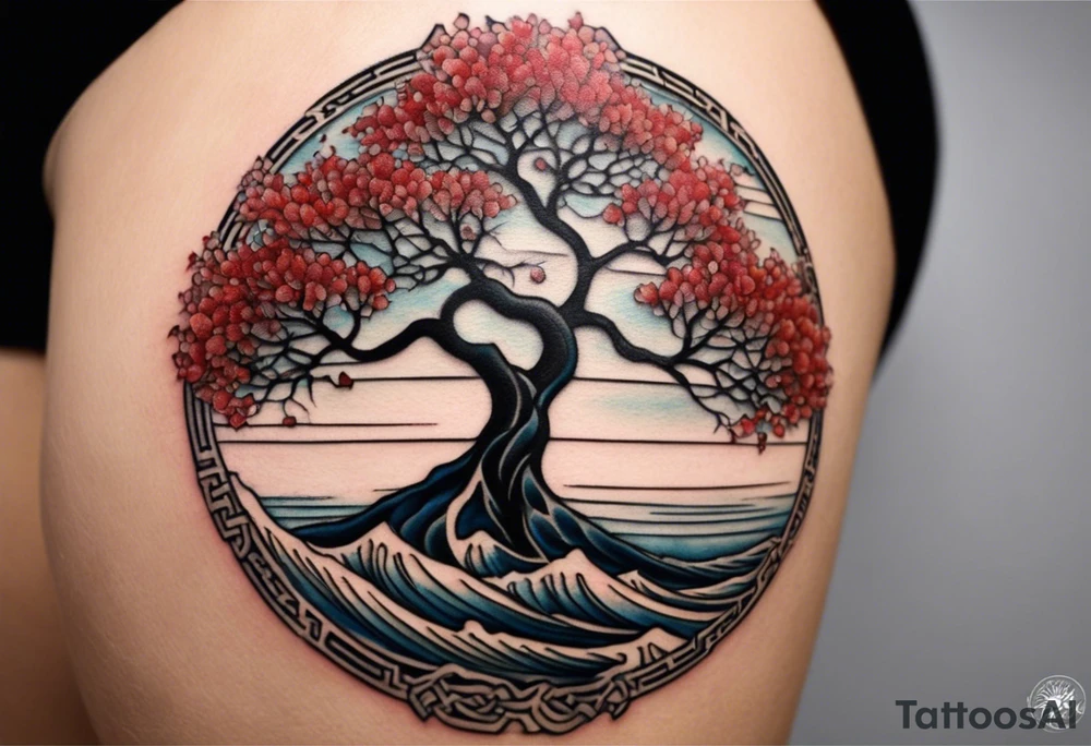 A tattoo of an abstract Tree of Life tattoo to be placed directly on the bicep of a woman. It can wrap around the arm a little. It should have roots growing out of the bottom. The roots slowly turn into water from the Great Wave by Hokusai. A golf flag should be placed discreetly growing out of the ground. 2 license plate tags should be hanging from the tree. Place a few music notes in the areas the leaves should be. The letters A U should be engraving into the tree trunk in a heart. Not inside a circle. The overall shape of the tattoo should be organic. Black and white only. tattoo idea