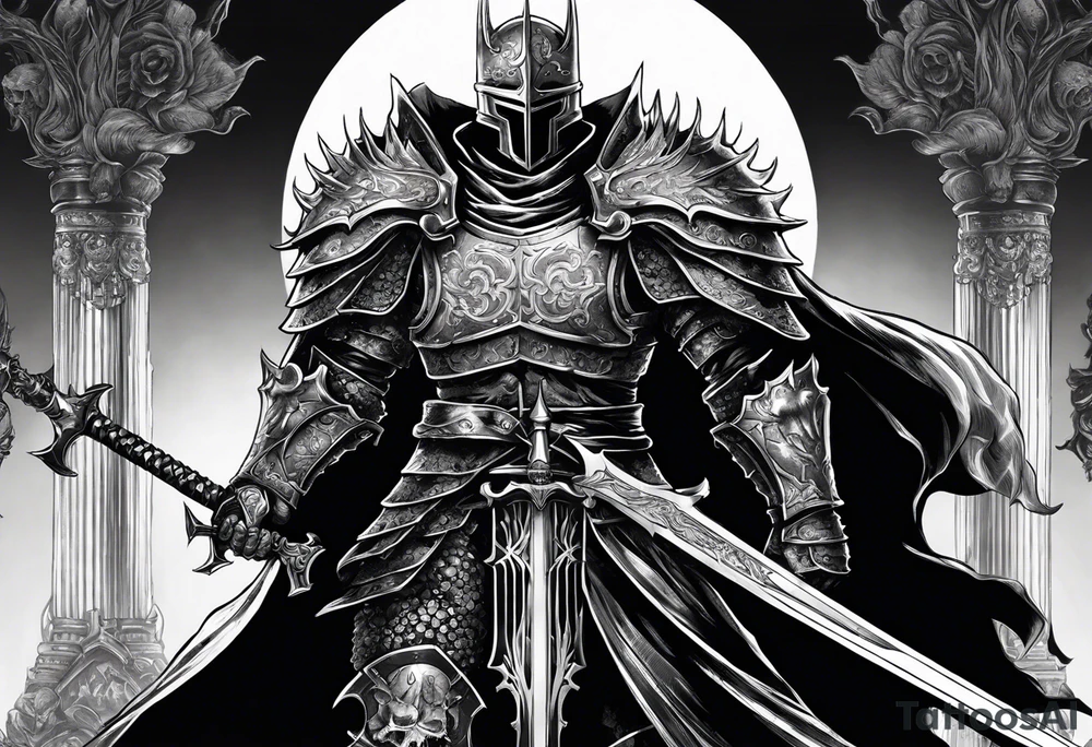 SkullKnight from the manga Berserk holding his sword downwards, his cloak fading into Guts. tattoo idea