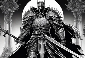 SkullKnight from the manga Berserk holding his sword downwards, his cloak fading into Guts. tattoo idea