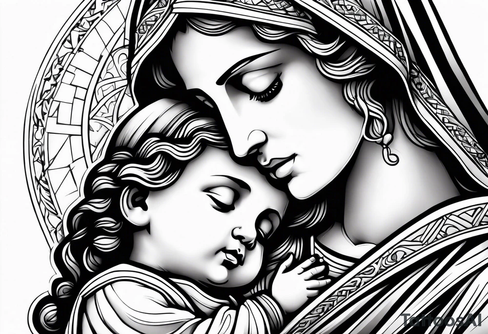 Mary holding baby Jesus in her arms crying tattoo idea