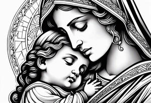 Mary holding baby Jesus in her arms crying tattoo idea