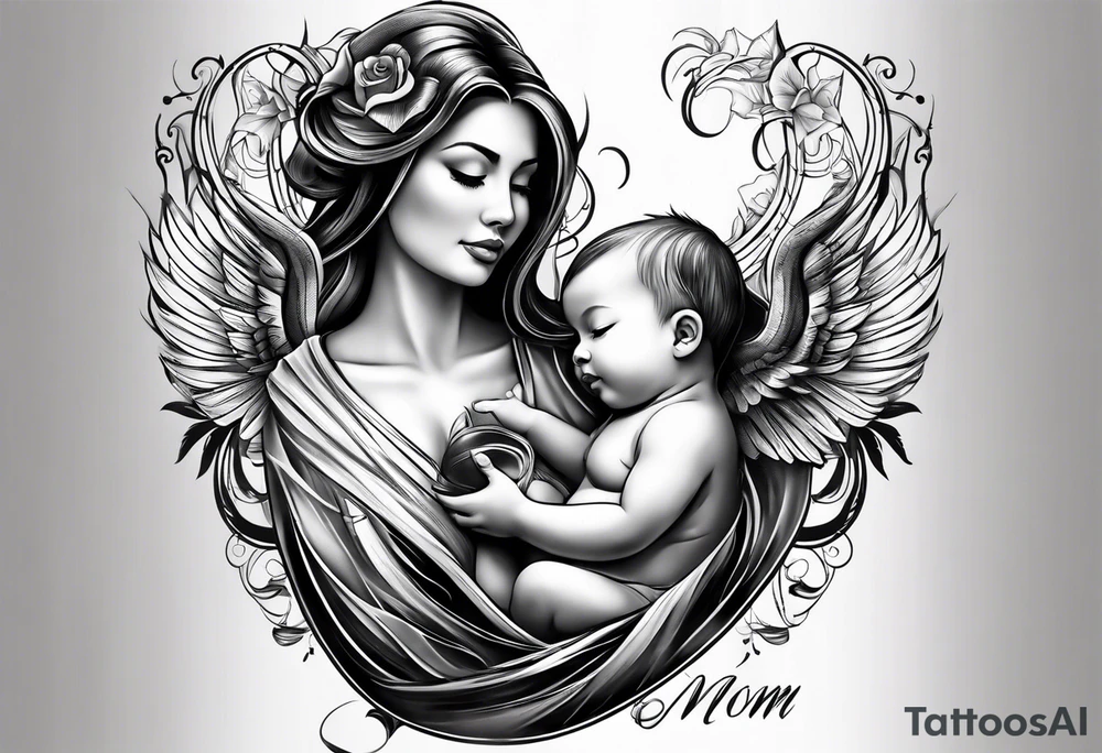 chest tattoo : 
mom and baby son tattoo idea