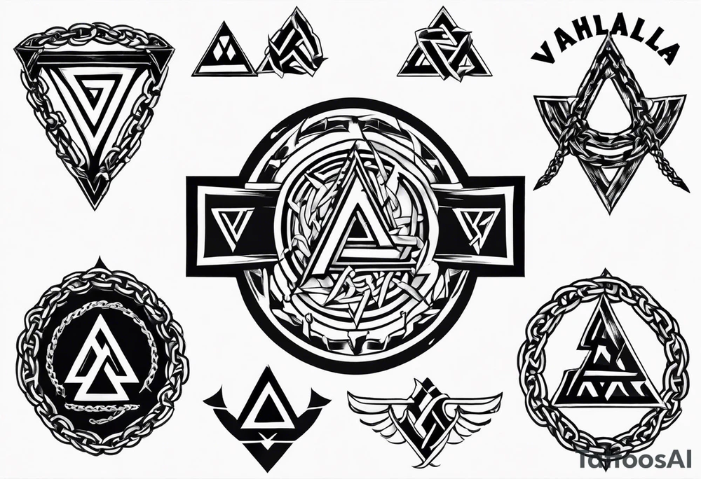 Valhalla sword shield axe barbed wire chains valknut tattoo idea