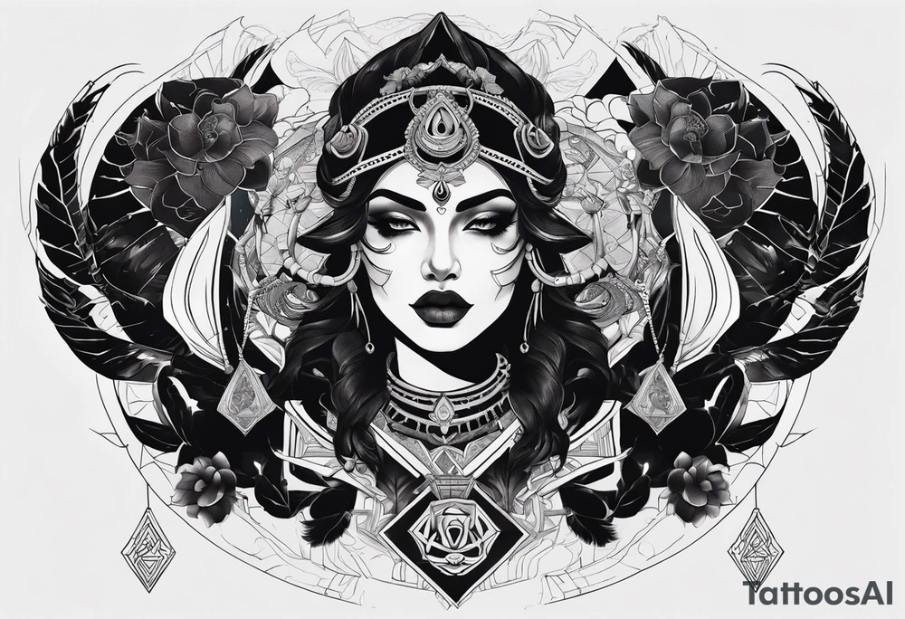kali ma, alien goddess, valkrye, aries, pirate, divine feminine, zenza resonance, pachamama, lotus azul, blank panther, eagle, skull, 5D, nueva gaya, dna 12, left side chest tatoo tattoo idea