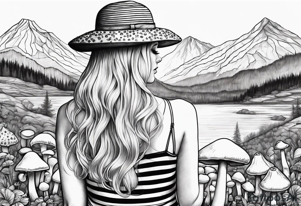 Straight blonde hair girl holding mushrooms in hand facing away toward mountains surrounded by mushrooms circular design black and white striped dress tattoo idea